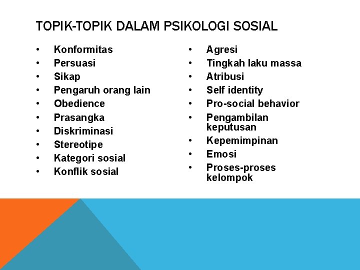 TOPIK-TOPIK DALAM PSIKOLOGI SOSIAL • • • Konformitas Persuasi Sikap Pengaruh orang lain Obedience