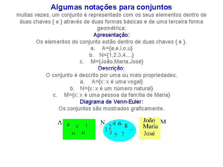 Algumas notações para conjuntos muitas vezes, um conjunto é representado com os seus elementos