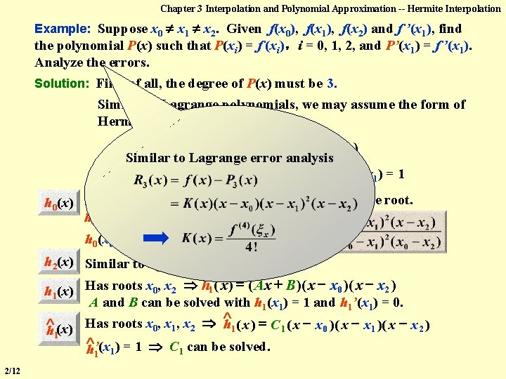 Chapter 3 Interpolation and Polynomial Approximation -- Hermite Interpolation Example: Suppose x 0 x