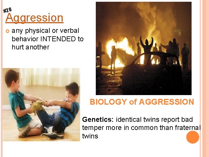 #28 Aggression any physical or verbal behavior INTENDED to hurt another BIOLOGY of AGGRESSION