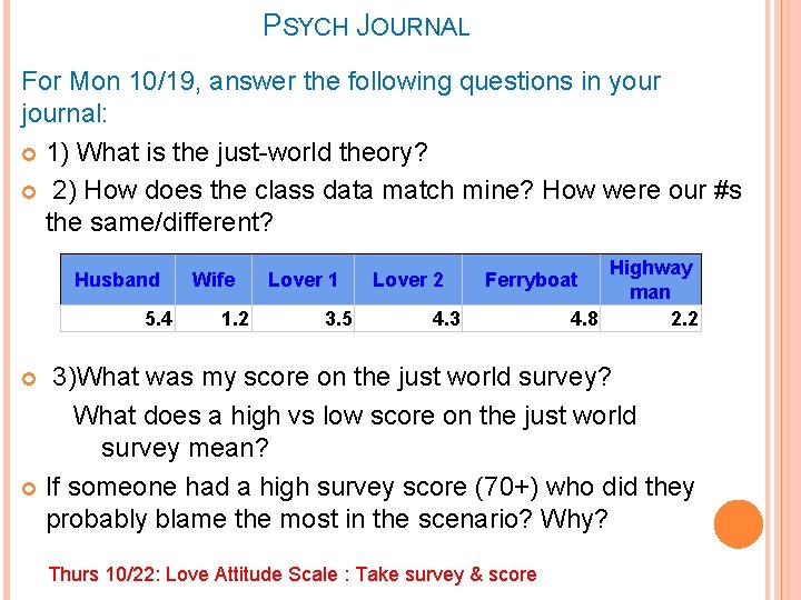 PSYCH JOURNAL For Mon 10/19, answer the following questions in your journal: 1) What