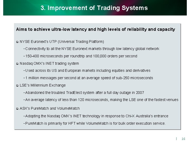 3. Improvement of Trading Systems Aims to achieve ultra-low latency and high levels of