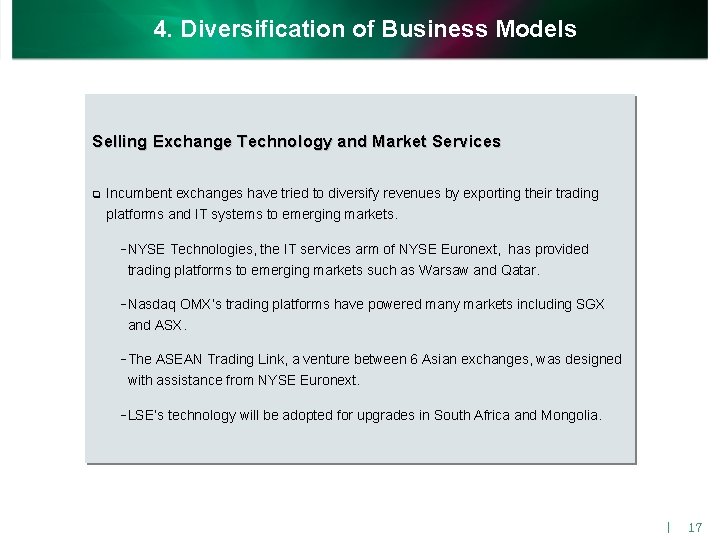 4. Diversification of Business Models Selling Exchange Technology and Market Services q Incumbent exchanges