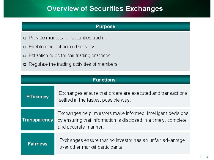 Overview of Securities Exchanges Purpose q Provide markets for securities trading q Enable efficient