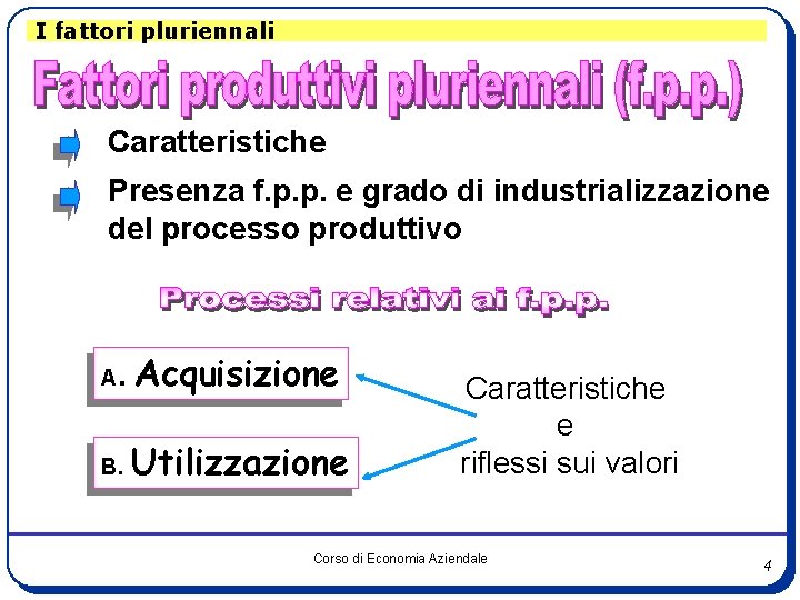 I fattori pluriennali Caratteristiche Presenza f. p. p. e grado di industrializzazione del processo