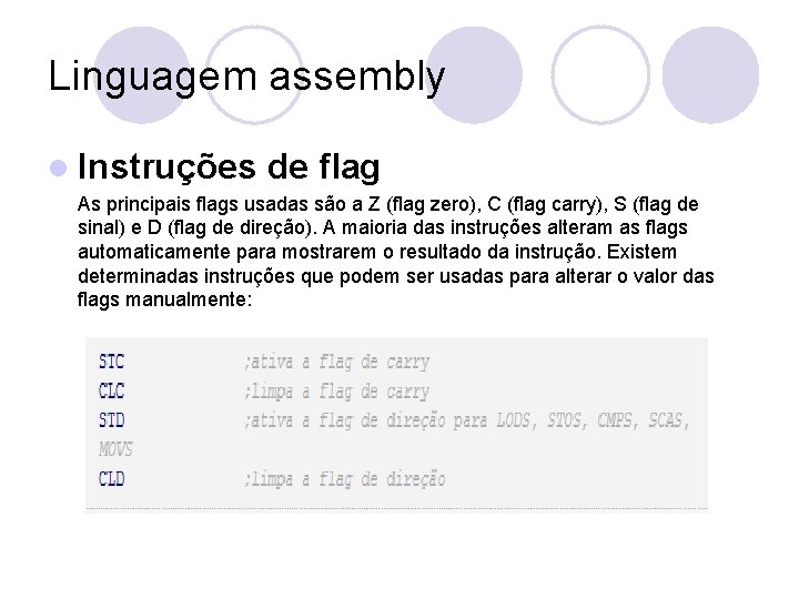 Linguagem assembly l Instruções de flag As principais flags usadas são a Z (flag