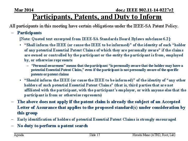 Mar 2014 doc. : IEEE 802. 11 -14 -0227 r 2 Participants, Patents, and
