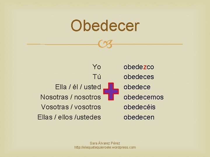 Obedecer Yo Tú Ella / él / usted Nosotras / nosotros Vosotras / vosotros