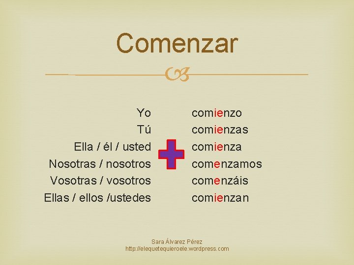Comenzar Yo Tú Ella / él / usted Nosotras / nosotros Vosotras / vosotros