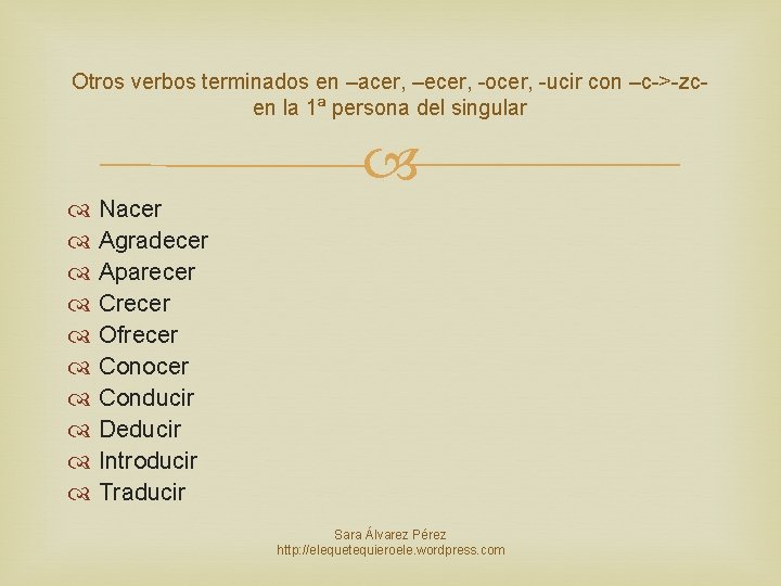 Otros verbos terminados en –acer, –ecer, -ocer, -ucir con –c->-zcen la 1ª persona del