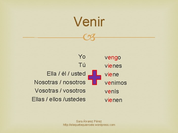 Venir Yo Tú Ella / él / usted Nosotras / nosotros Vosotras / vosotros