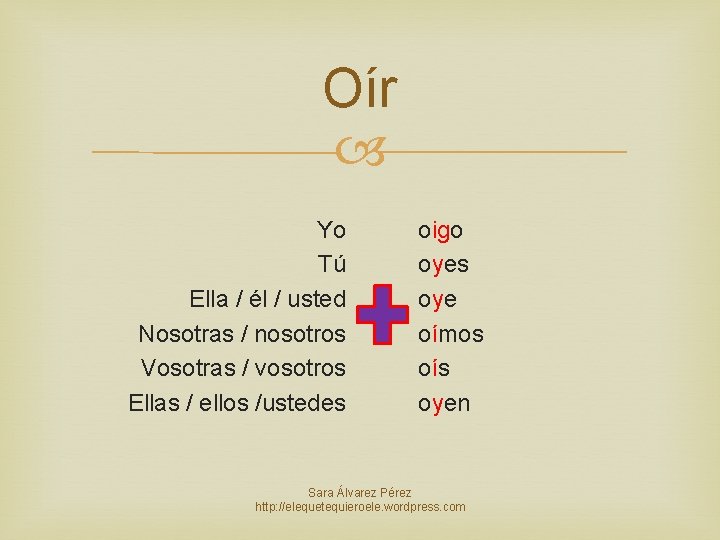 Oír Yo Tú Ella / él / usted Nosotras / nosotros Vosotras / vosotros