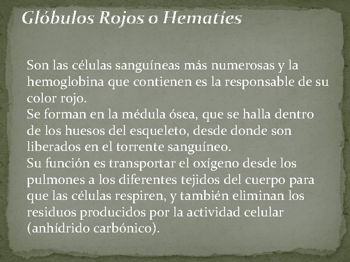Glóbulos Rojos o Hematíes Son las células sanguíneas más numerosas y la hemoglobina que