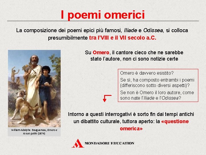 I poemi omerici La composizione dei poemi epici più famosi, Iliade e Odissea, si