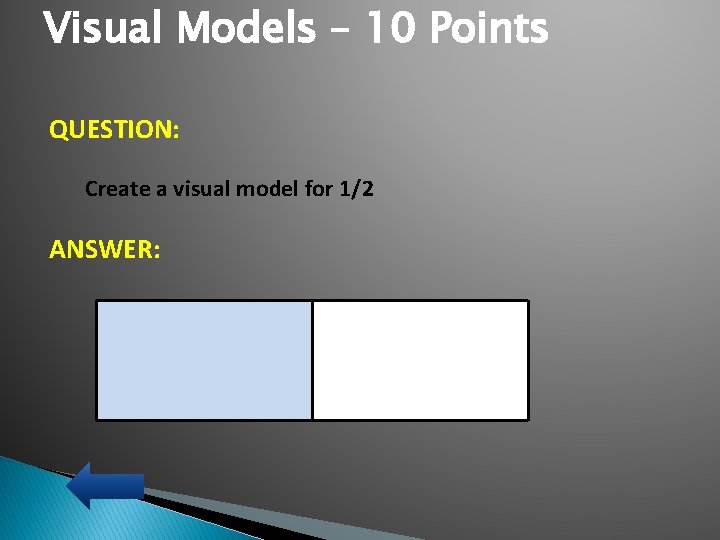 Visual Models – 10 Points QUESTION: Create a visual model for 1/2 ANSWER: 