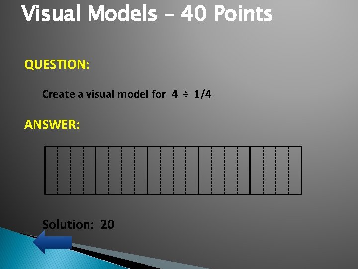 Visual Models – 40 Points QUESTION: Create a visual model for 4 ÷ 1/4