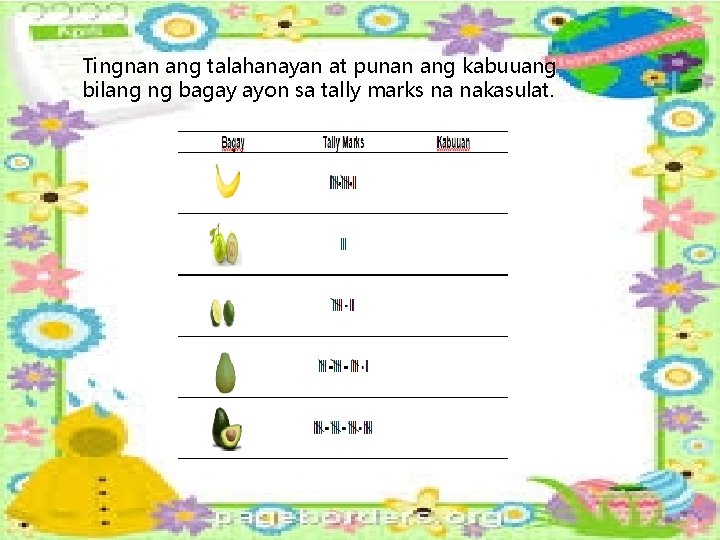 Tingnan ang talahanayan at punan ang kabuuang bilang ng bagay ayon sa tally marks