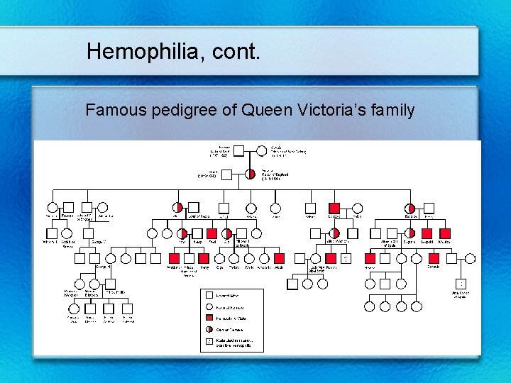 Hemophilia, cont. Famous pedigree of Queen Victoria’s family 