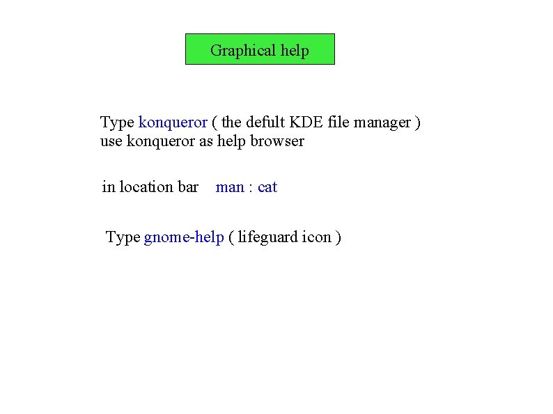Graphical help Type konqueror ( the defult KDE file manager ) use konqueror as Graphical help Type konqueror ( the defult KDE file manager ) use konqueror as