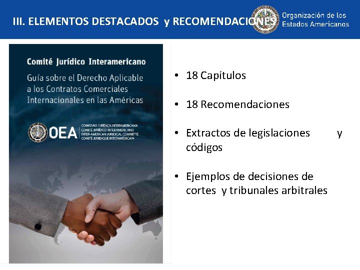 III. ELEMENTOS DESTACADOS y RECOMENDACIONES • 18 Capítulos • 18 Recomendaciones • Extractos de