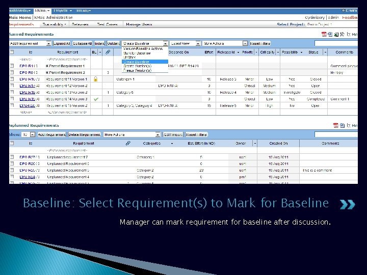 Baseline: Select Requirement(s) to Mark for Baseline Manager can mark requirement for baseline after
