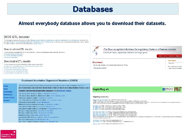 Databases Almost everybody database allows you to download their datasets. 