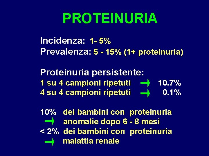 PROTEINURIA Incidenza: 1 - 5% Prevalenza: 5 - 15% (1+ proteinuria) Proteinuria persistente: 1