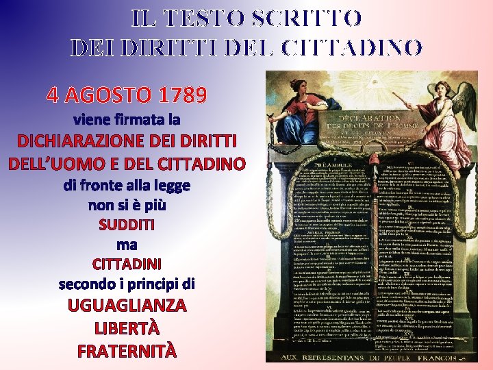 IL TESTO SCRITTO DEI DIRITTI DEL CITTADINO 4 AGOSTO 1789 viene firmata la DICHIARAZIONE