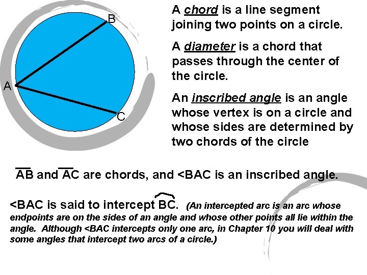 A chord is a line segment joining two points on a circle. B A