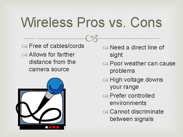 Wireless Pros vs. Cons Free of cables/cords Allows for farther distance from the camera