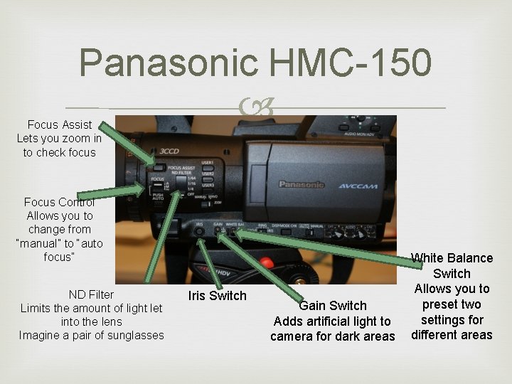 Panasonic HMC-150 Focus Assist Lets you zoom in to check focus Focus Control Allows