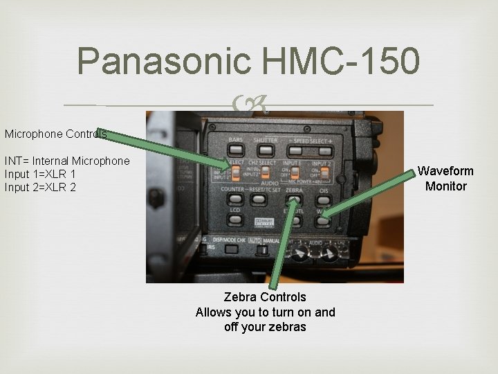 Panasonic HMC-150 Microphone Controls INT= Internal Microphone Input 1=XLR 1 Input 2=XLR 2 Waveform