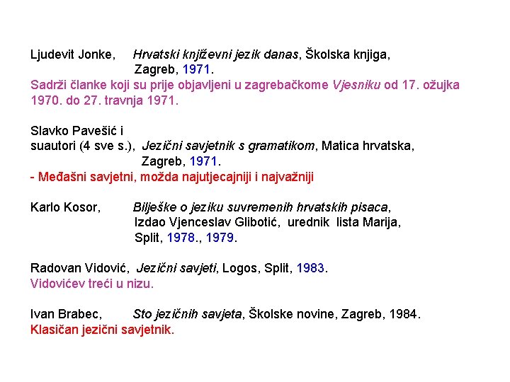 Ljudevit Jonke, Hrvatski književni jezik danas, Školska knjiga, Zagreb, 1971. Sadrži članke koji su