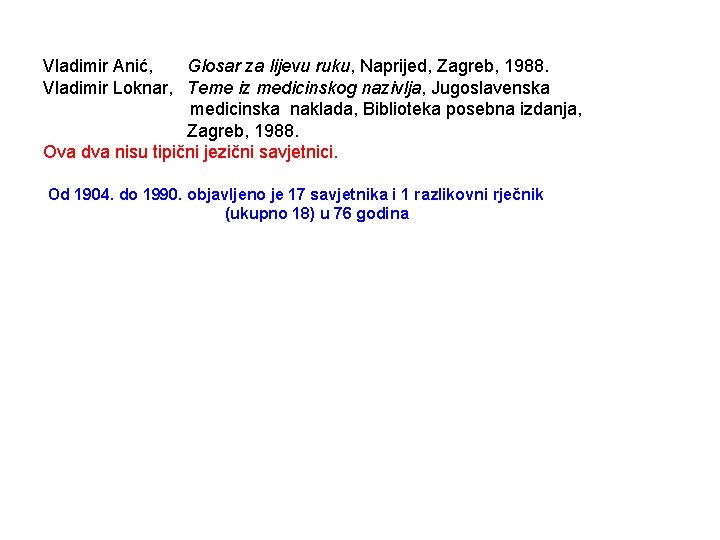Vladimir Anić, Glosar za lijevu ruku, Naprijed, Zagreb, 1988. Vladimir Loknar, Teme iz medicinskog