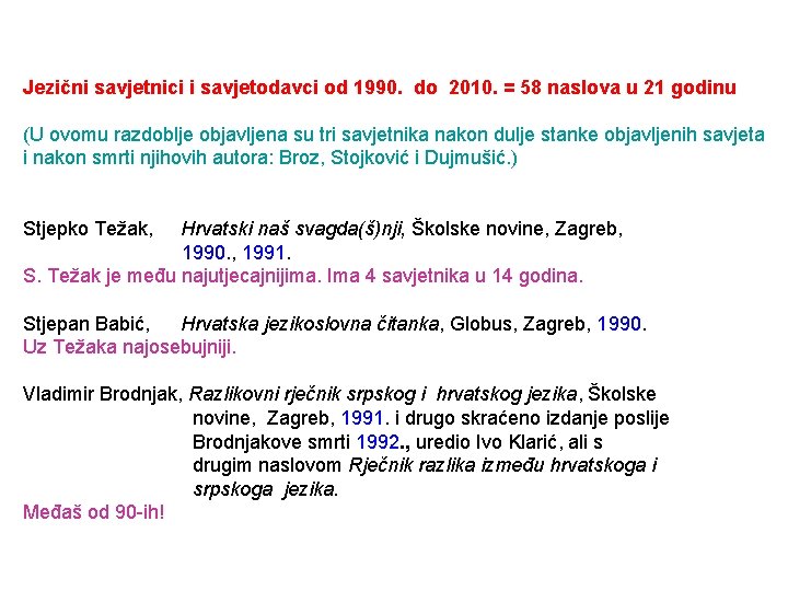 Jezični savjetnici i savjetodavci od 1990. do 2010. = 58 naslova u 21 godinu