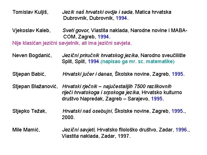 Tomislav Kuljiš, Jezik naš hrvatski ovdje i sada, Matica hrvatska Dubrovnik, 1994. Vjekoslav Kaleb,