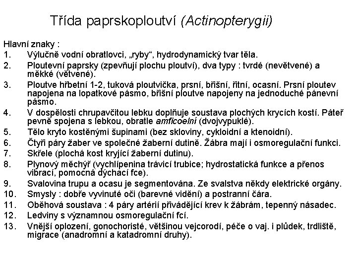 Třída paprskoploutví (Actinopterygii) Hlavní znaky : 1. Výlučně vodní obratlovci, „ryby“, hydrodynamický tvar těla.