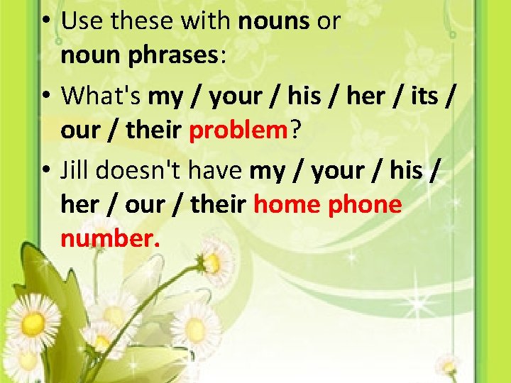  • Use these with nouns or noun phrases: • What's my / your