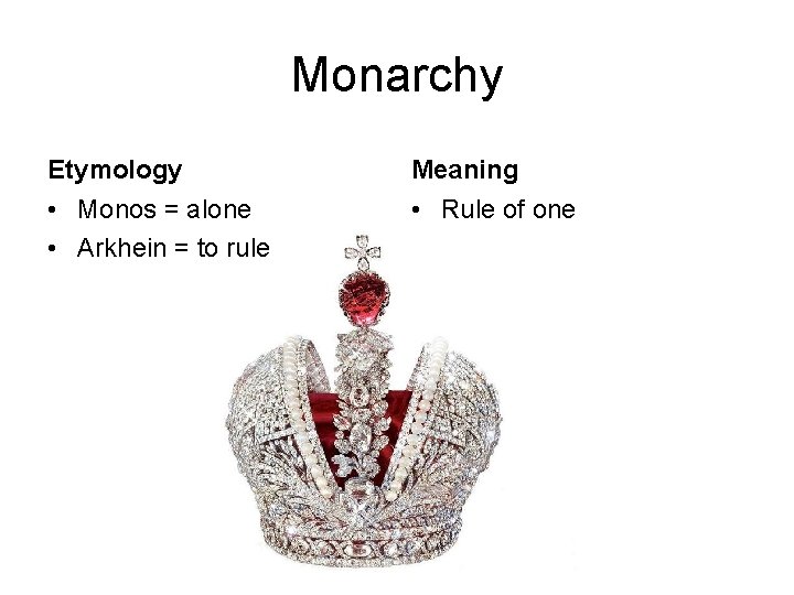 Monarchy Etymology Meaning • Monos = alone • Arkhein = to rule • Rule Monarchy Etymology Meaning • Monos = alone • Arkhein = to rule • Rule