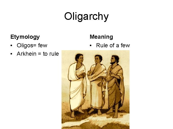 Oligarchy Etymology Meaning • Oligos= few • Arkhein = to rule • Rule of Oligarchy Etymology Meaning • Oligos= few • Arkhein = to rule • Rule of