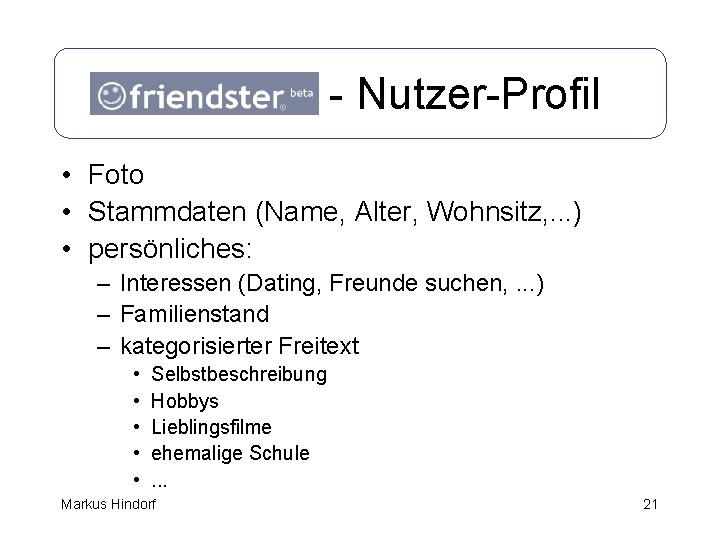 Friendster - Nutzer-Profil • Foto • Stammdaten (Name, Alter, Wohnsitz, . . . )