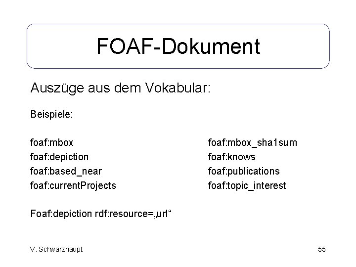 FOAF-Dokument Auszüge aus dem Vokabular: Beispiele: foaf: mbox foaf: depiction foaf: based_near foaf: current.