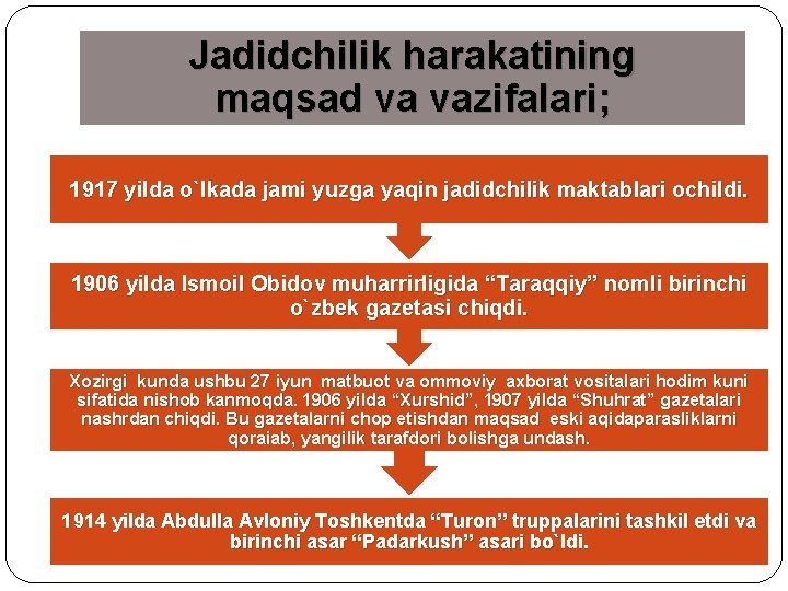 Jadidchilik harakatining maqsad va vazifalari; 1917 yilda o`lkada jami yuzga yaqin jadidchilik maktablari ochildi.