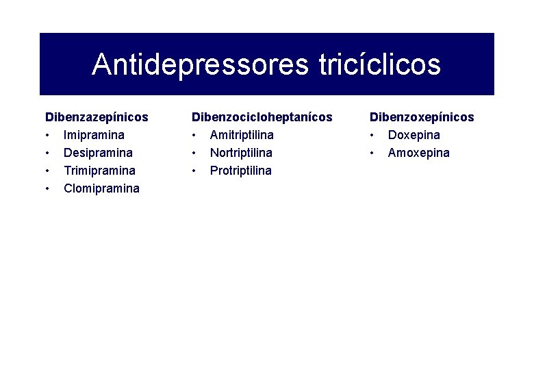 Antidepressores tricíclicos Dibenzazepínicos • Imipramina • Desipramina • Trimipramina • Clomipramina Dibenzocicloheptanícos • Amitriptilina