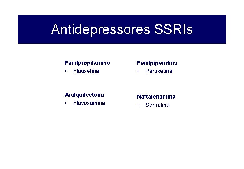 Antidepressores SSRIs Fenilpropilamino • Fluoxetina Fenilpiperidina • Paroxetina Aralquilcetona • Fluvoxamina Naftalenamina • Sertralina