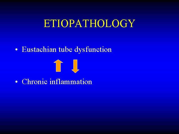 ETIOPATHOLOGY • Eustachian tube dysfunction • Chronic inflammation 