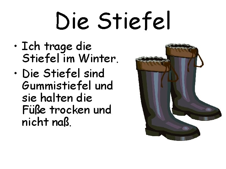 Die Stiefel • Ich trage die Stiefel im Winter. • Die Stiefel sind Gummistiefel