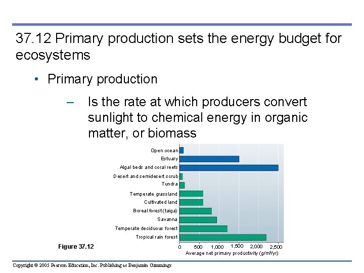 37. 12 Primary production sets the energy budget for ecosystems • Primary production –