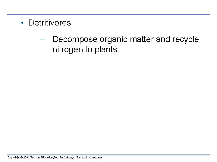  • Detritivores – Decompose organic matter and recycle nitrogen to plants Copyright ©