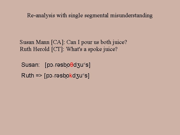 Re-analysis with single segmental misunderstanding Susan Mann [CA]: Can I pour us both juice?